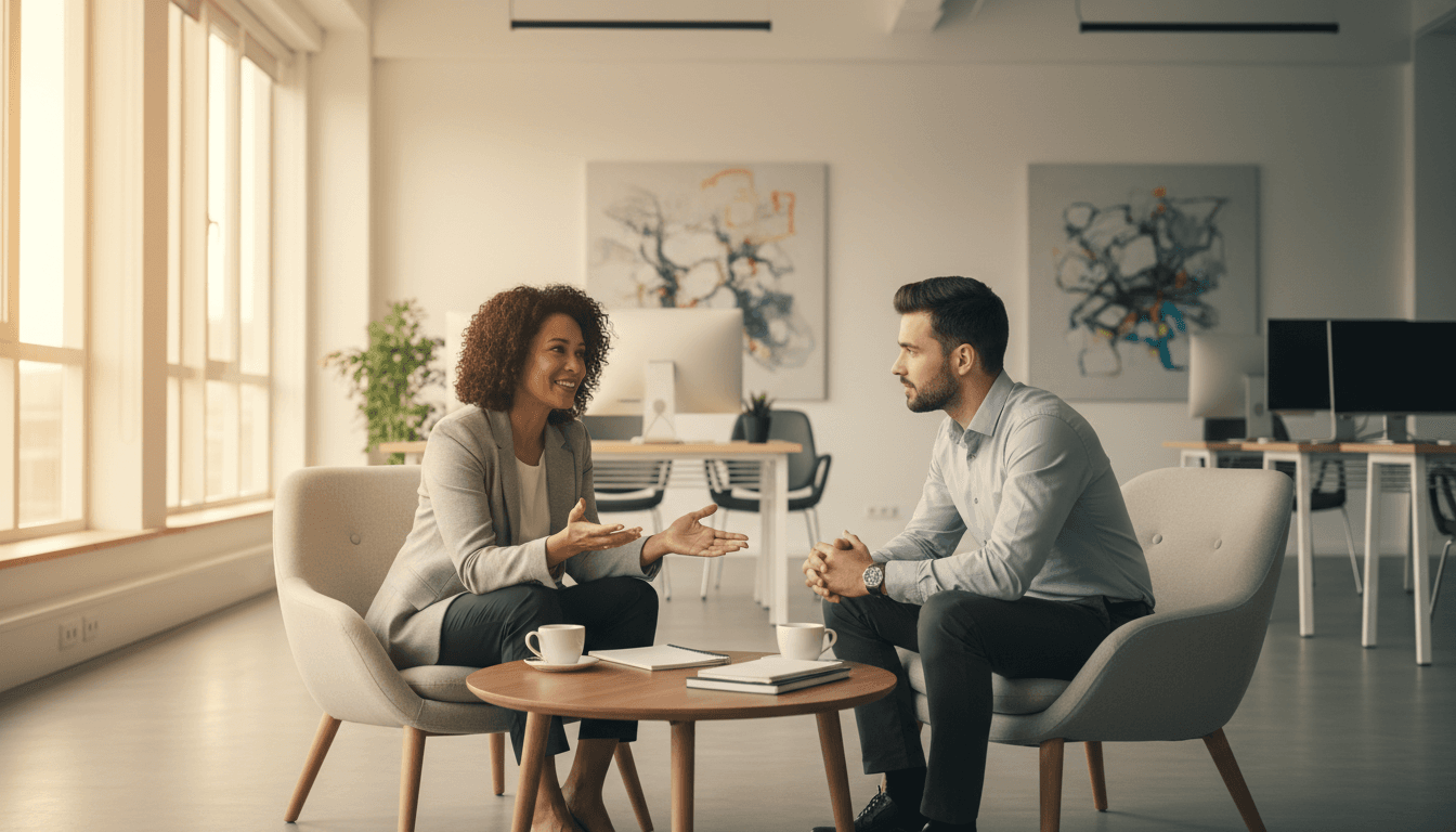 Professional mentor in conversation with young leader in modern office